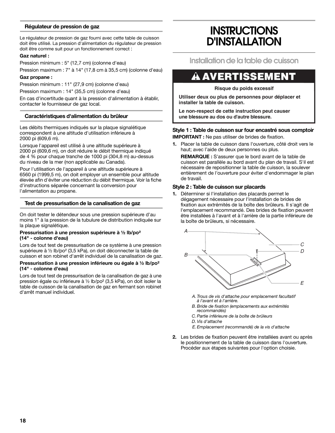 Whirlpool W10526085A installation instructions Instructions Dinstallation, Installation de la table de cuisson 