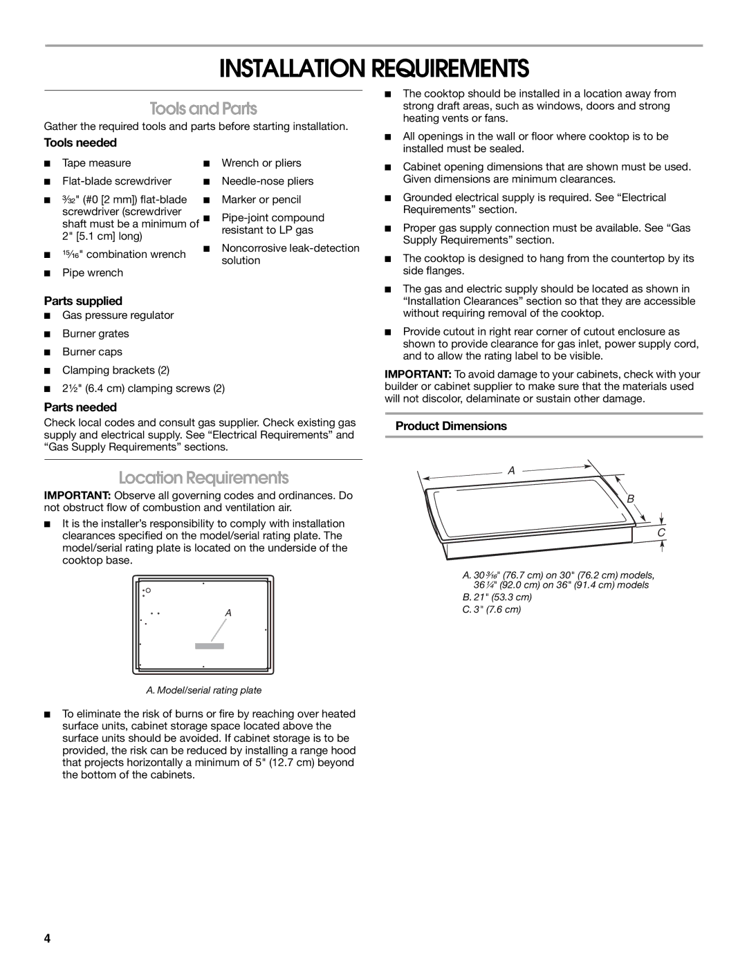 Whirlpool W10526085A installation instructions Installation Requirements, Tools and Parts, Location Requirements 