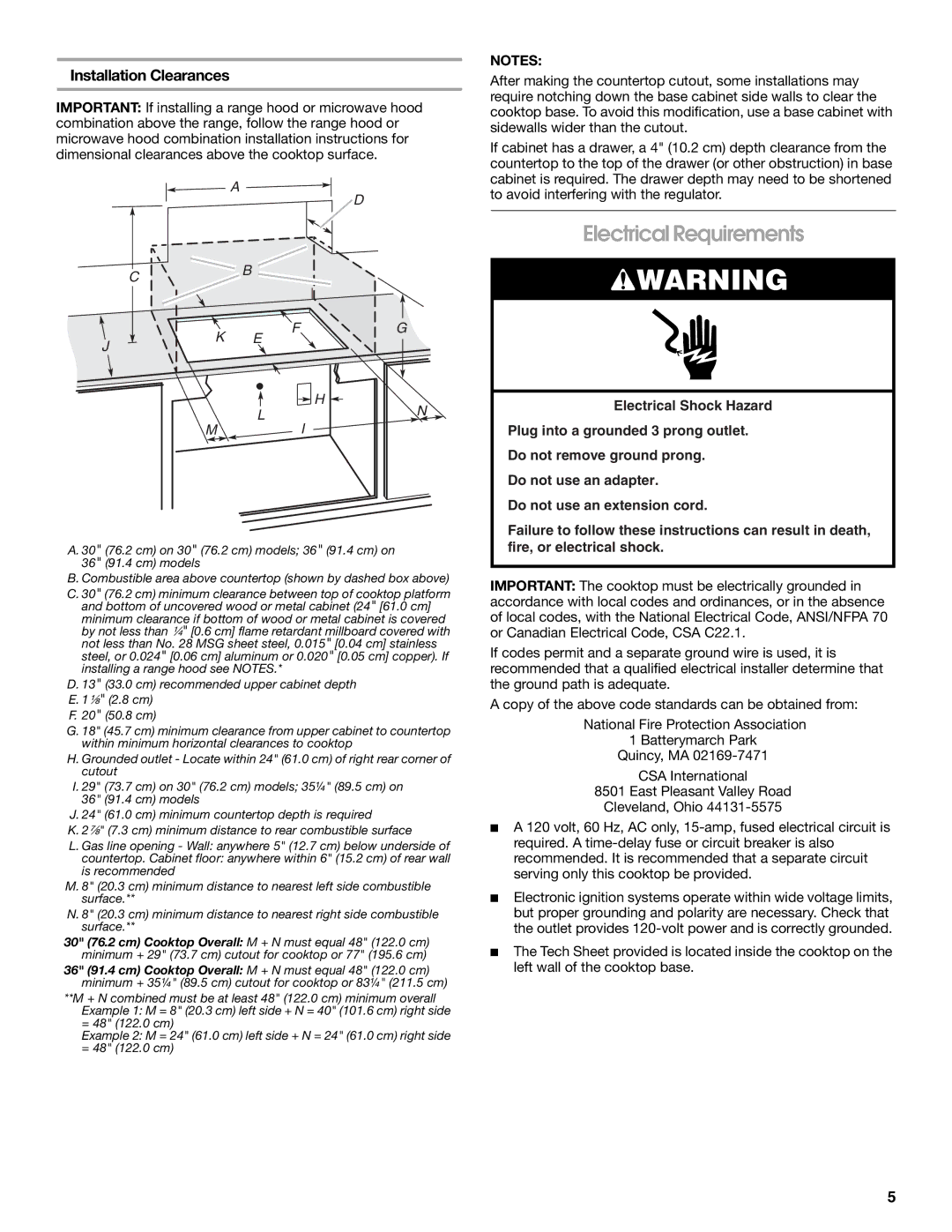 Whirlpool W10526085A installation instructions Electrical Requirements, Installation Clearances 