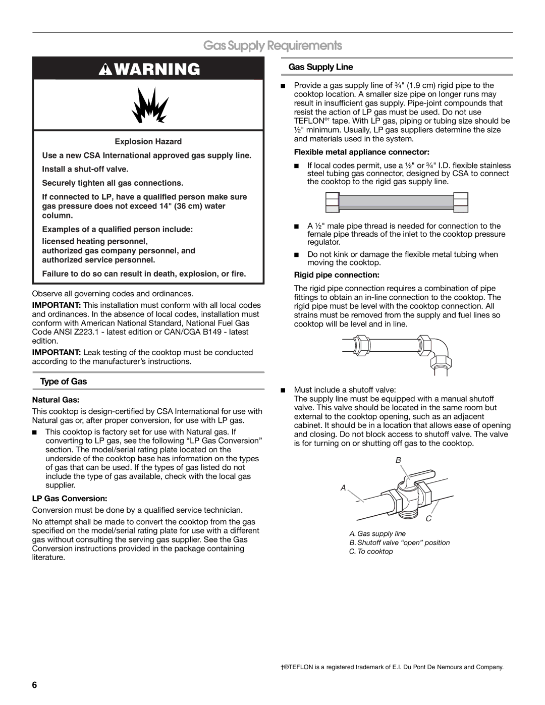 Whirlpool W10526085A installation instructions Gas Supply Requirements, Gas Supply Line, Type of Gas 