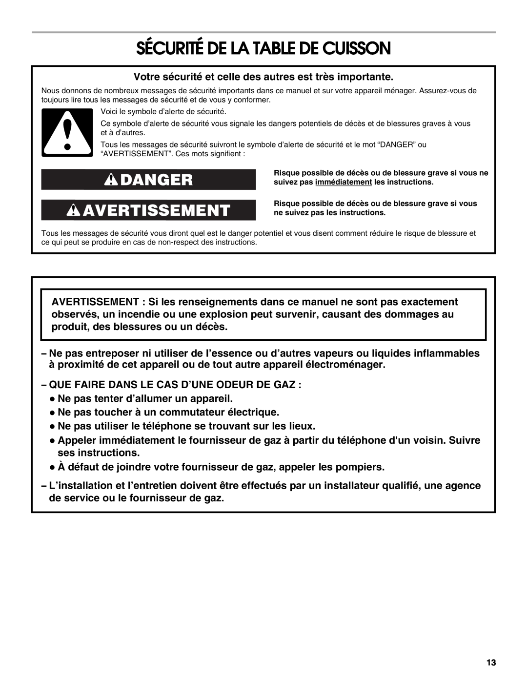 Whirlpool W10526085A installation instructions Sécurité De La Table De Cuisson, Danger Avertissement 