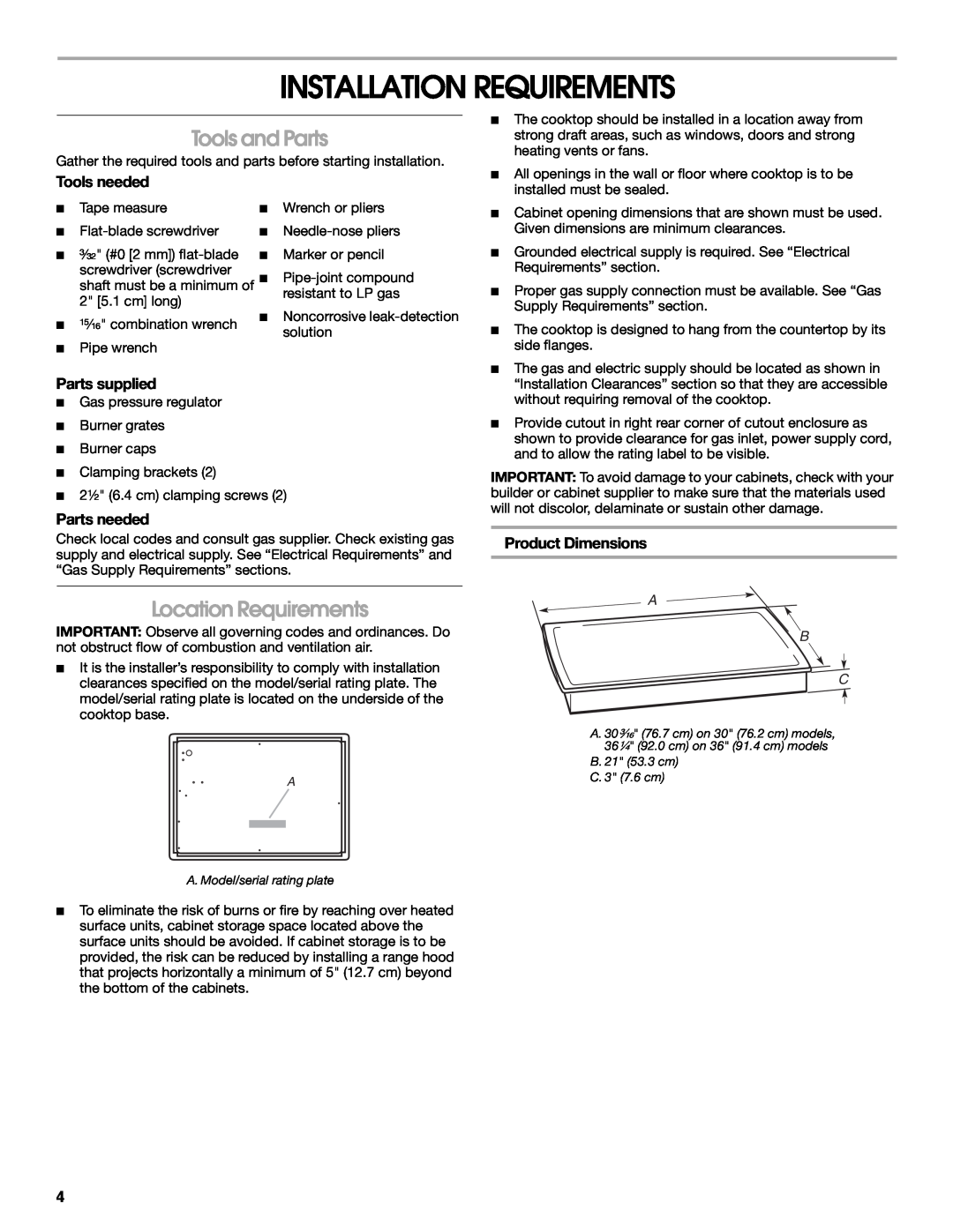 Whirlpool W10526085A Installation Requirements, Tools and Parts, Location Requirements, Tools needed, Parts supplied 