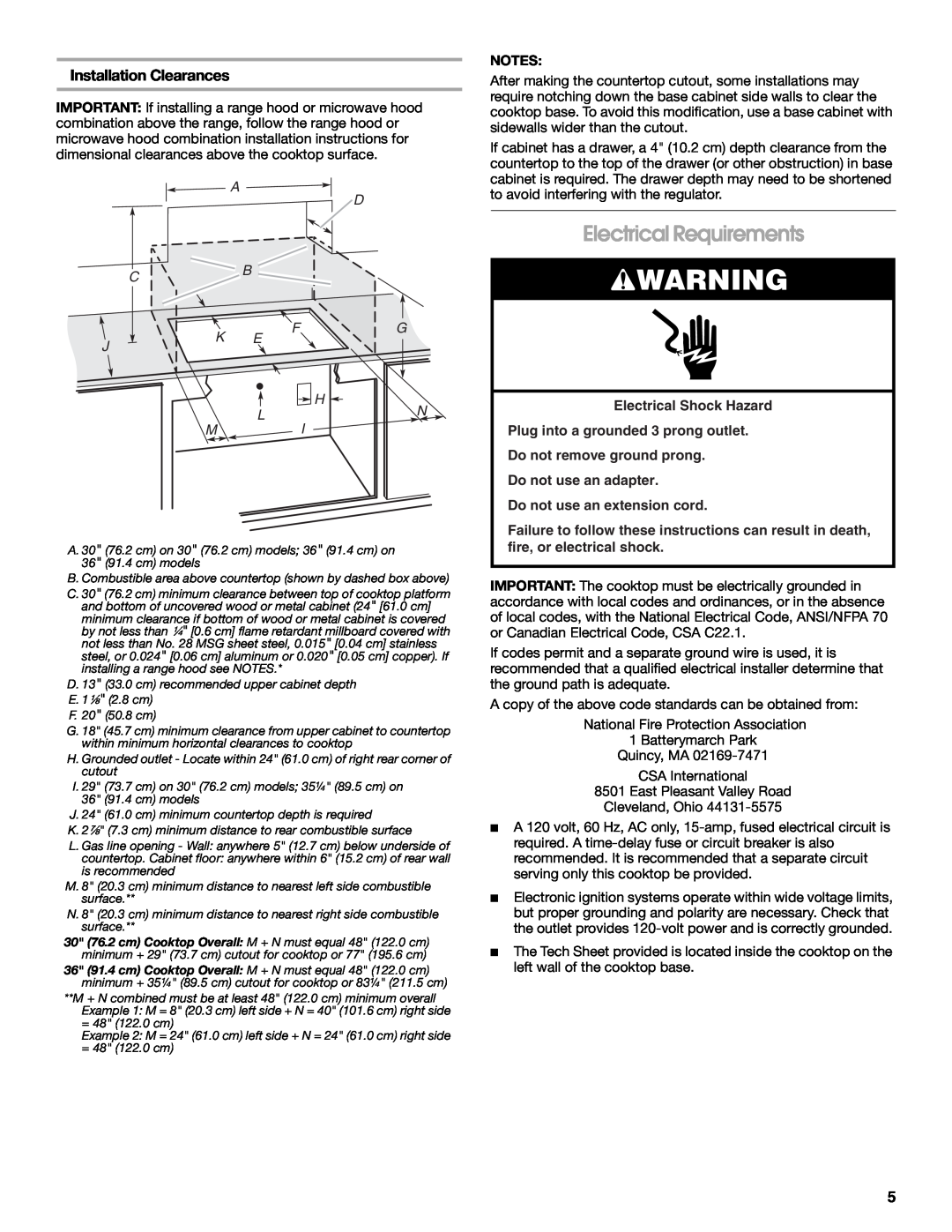 Whirlpool W10526085A installation instructions Electrical Requirements, Installation Clearances, A D C B, Fg H, Ln Mi 