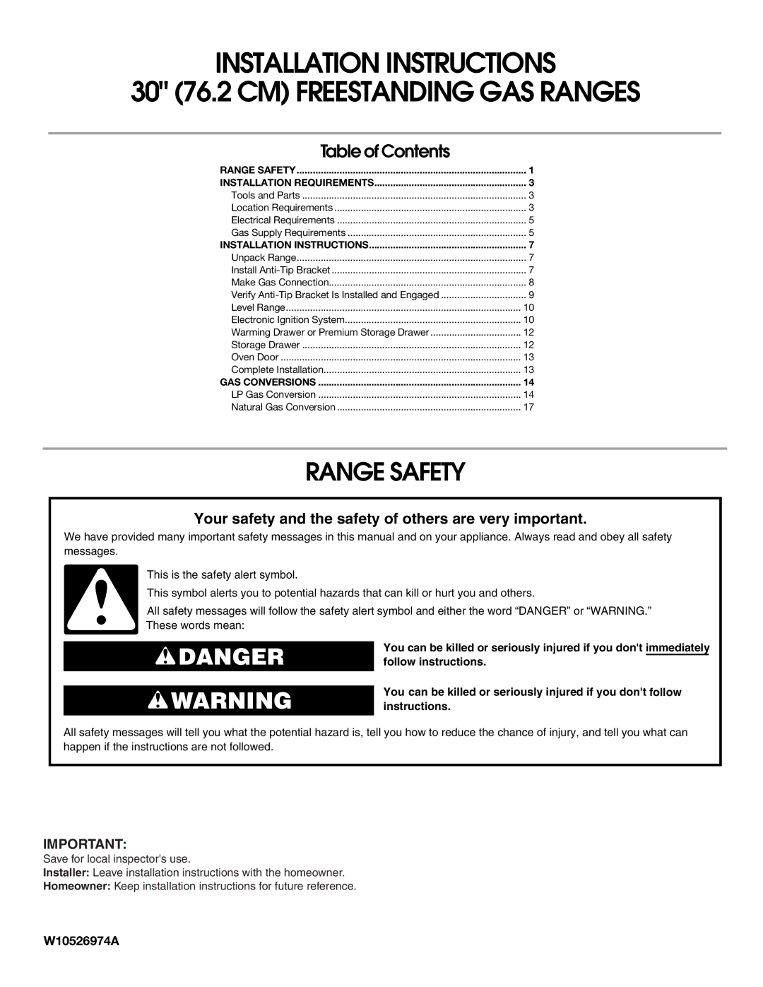 Whirlpool W10526974A installation instructions Range Safety, Table of Contents 