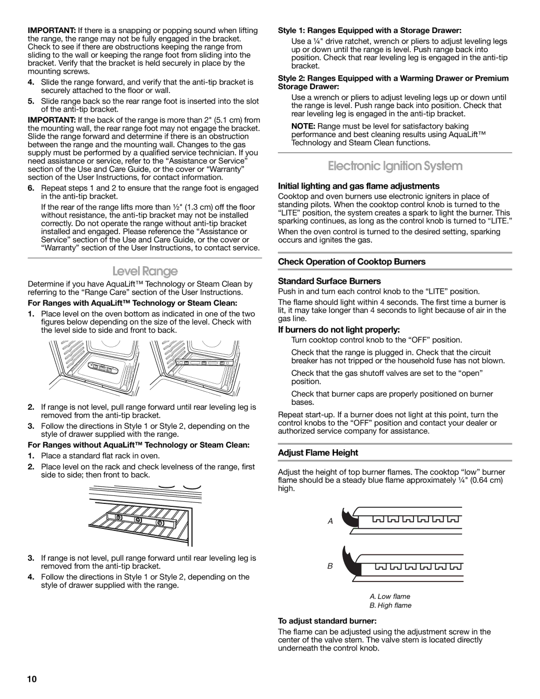 Whirlpool W10526974A installation instructions Level Range, Electronic Ignition System 