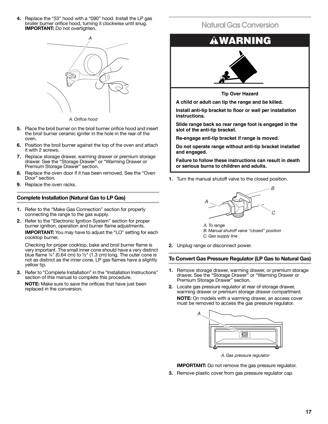 Whirlpool W10526974A installation instructions Natural Gas Conversion, Complete Installation Natural Gas to LP Gas 