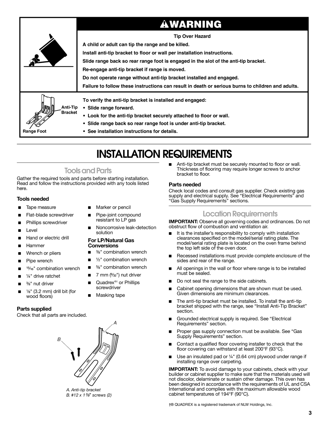 Whirlpool W10526974A installation instructions Installation Requirements, Tools and Parts, Location Requirements 