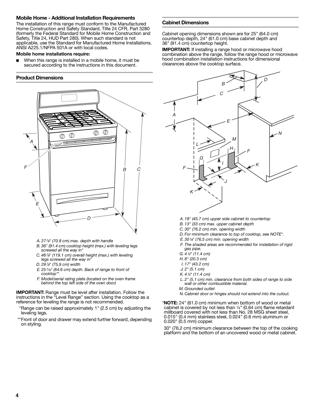 Whirlpool W10526974A Mobile Home Additional Installation Requirements, Cabinet Dimensions, Product Dimensions 