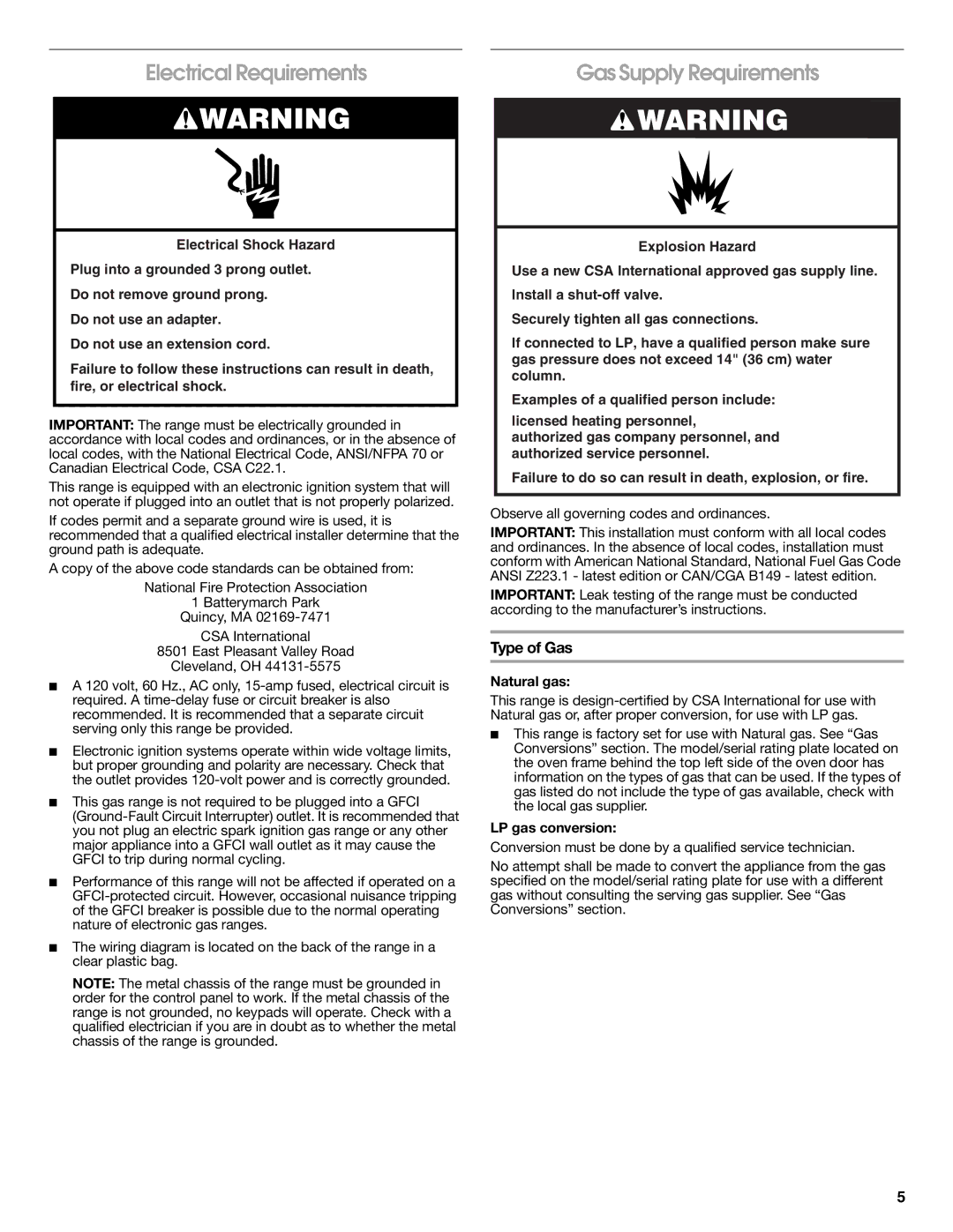 Whirlpool W10526974A Electrical Requirements, Gas Supply Requirements, Type of Gas, Natural gas, LP gas conversion 