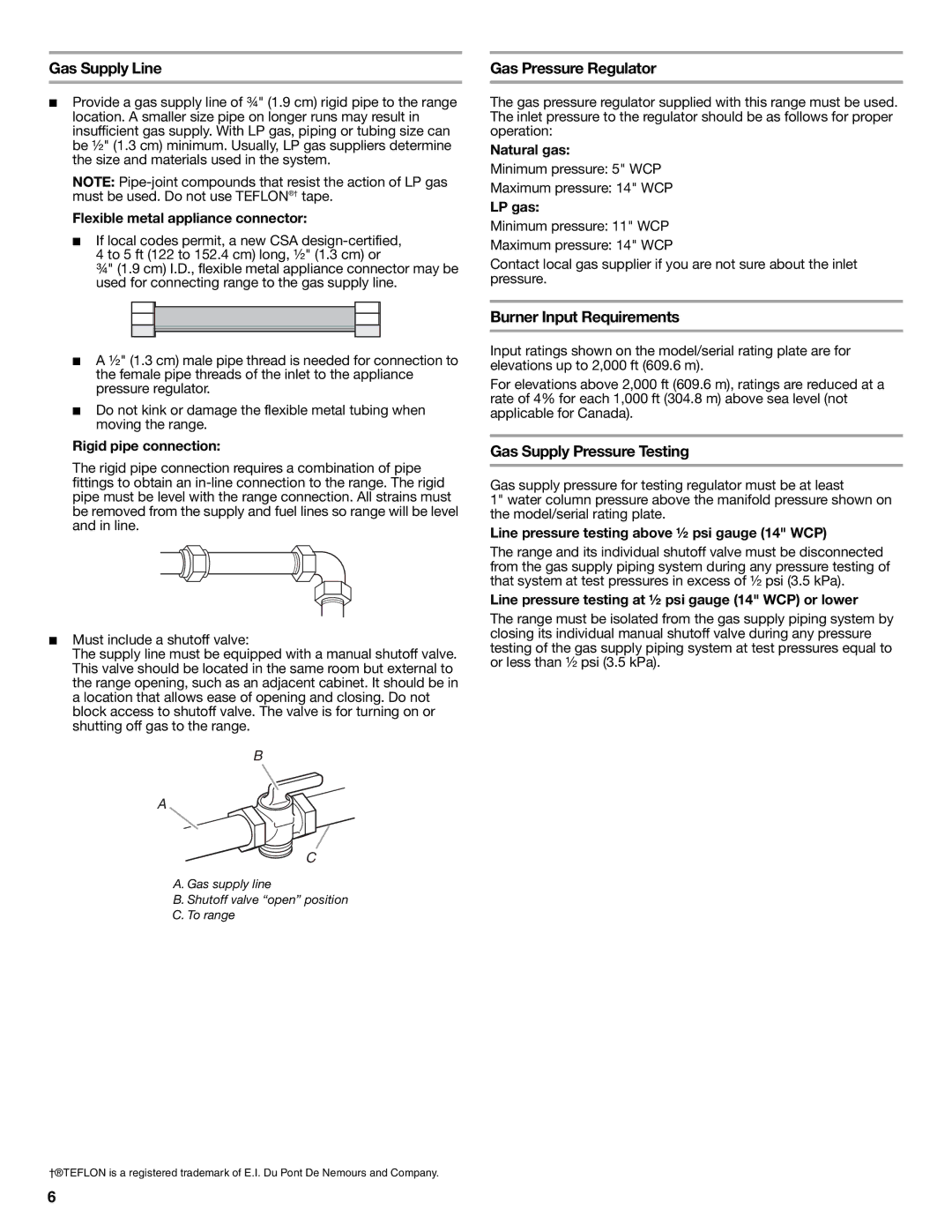 Whirlpool W10526974A Gas Supply Line, Gas Pressure Regulator, Burner Input Requirements, Gas Supply Pressure Testing 