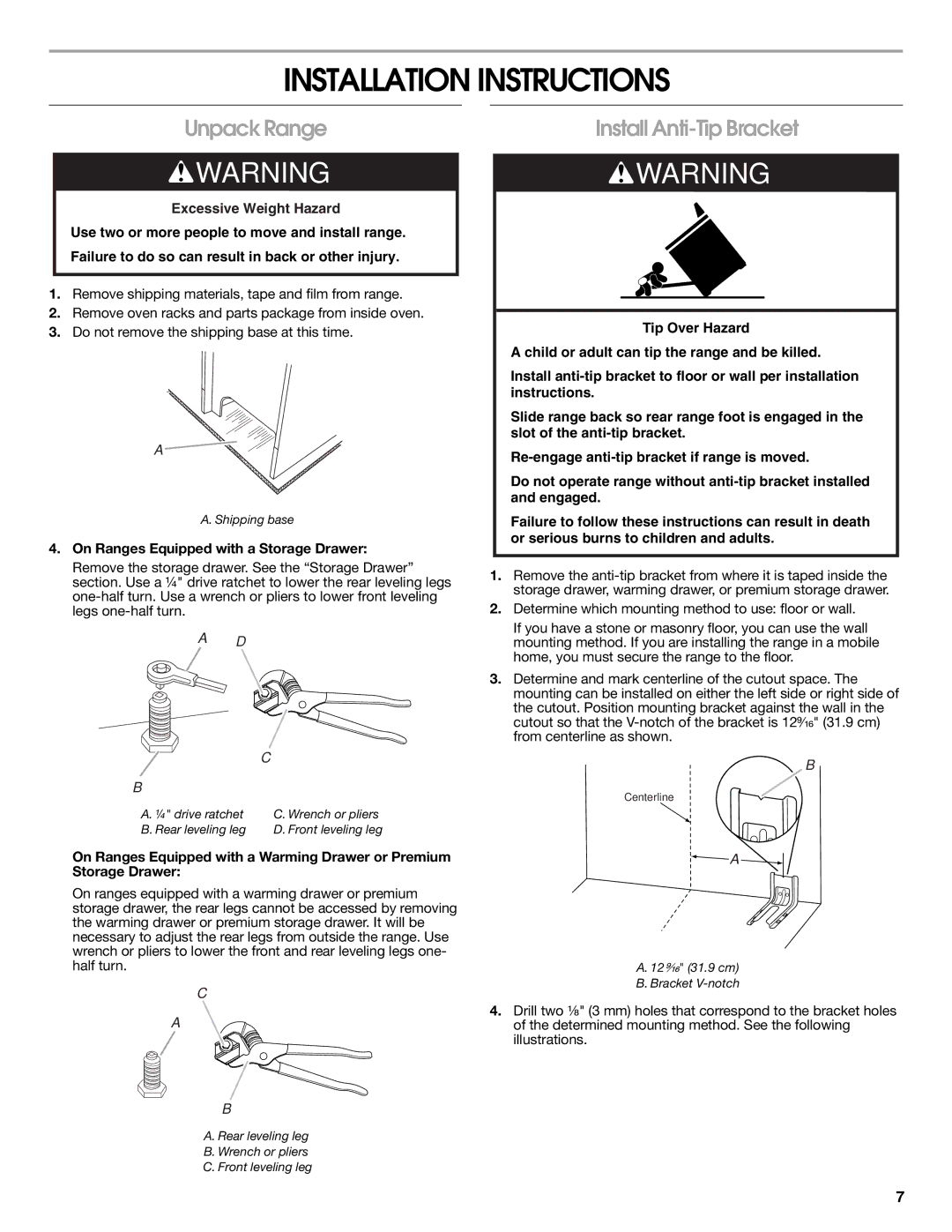 Whirlpool W10526974A installation instructions Installation Instructions, Unpack Range, Install Anti-Tip Bracket 