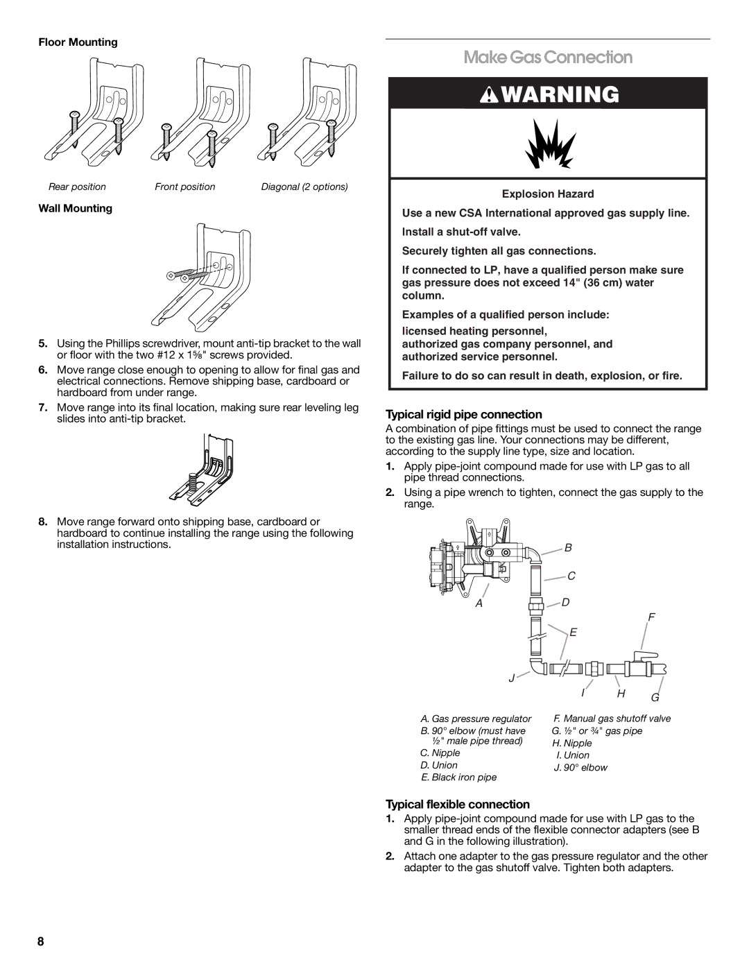 Whirlpool W10526974A Make Gas Connection, Typical rigid pipe connection, Typical flexible connection, Floor Mounting 