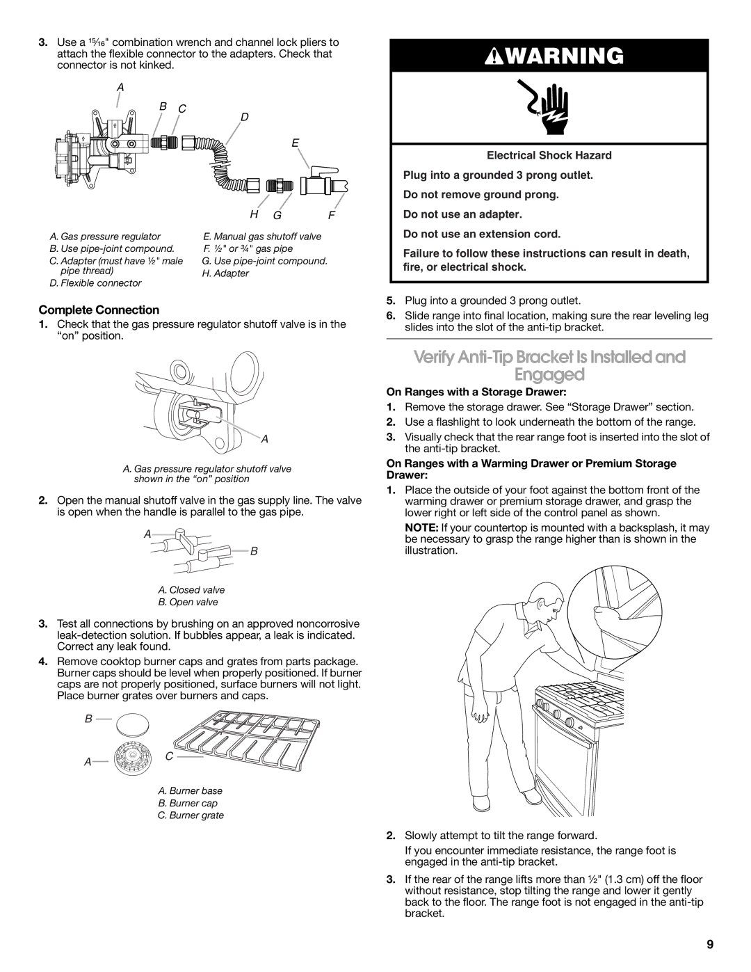 Whirlpool W10526974A Verify Anti-Tip Bracket Is Installed Engaged, Complete Connection, On Ranges with a Storage Drawer 