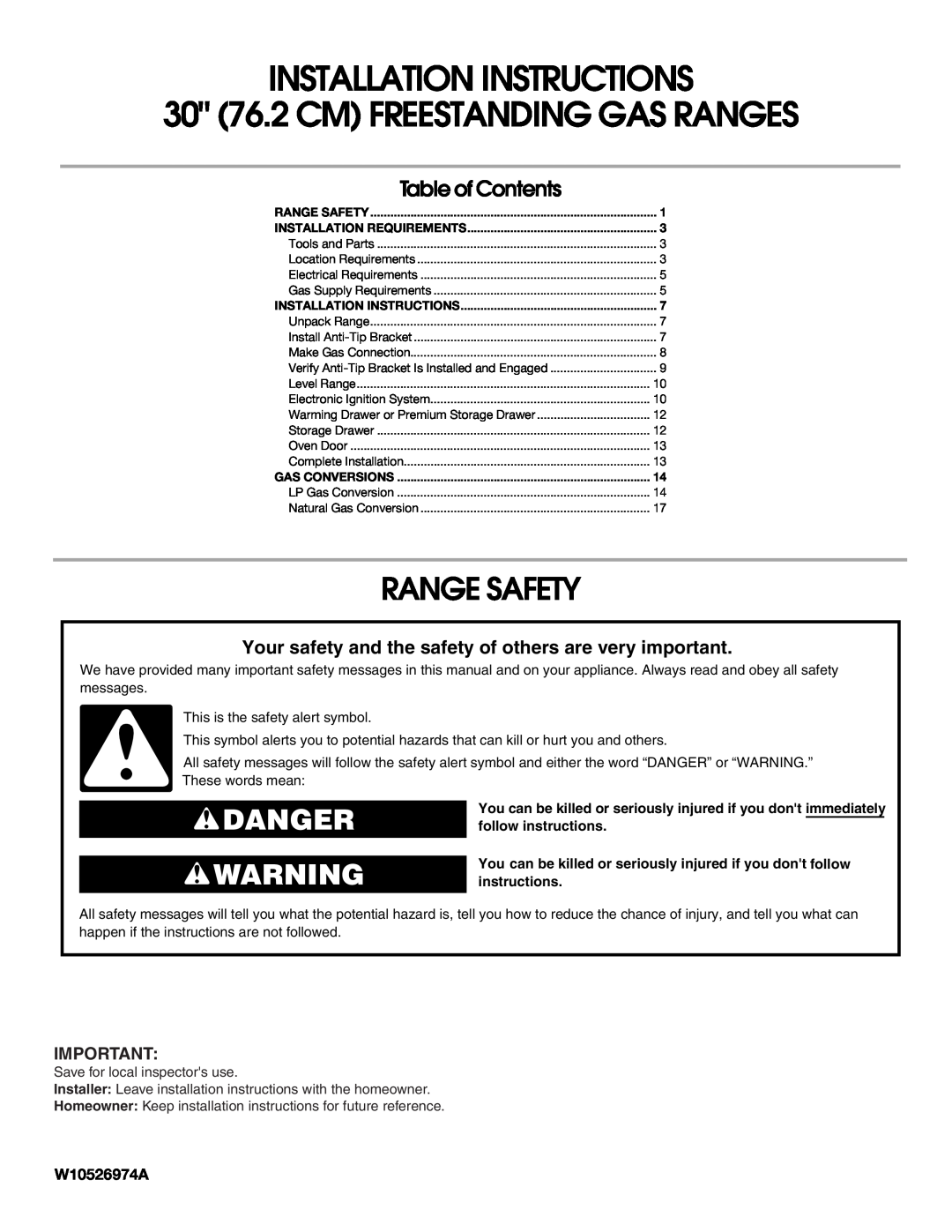 Whirlpool W10526974A installation instructions Range Safety, INSTALLATION INSTRUCTIONS 30 76.2 CM FREESTANDING GAS RANGES 