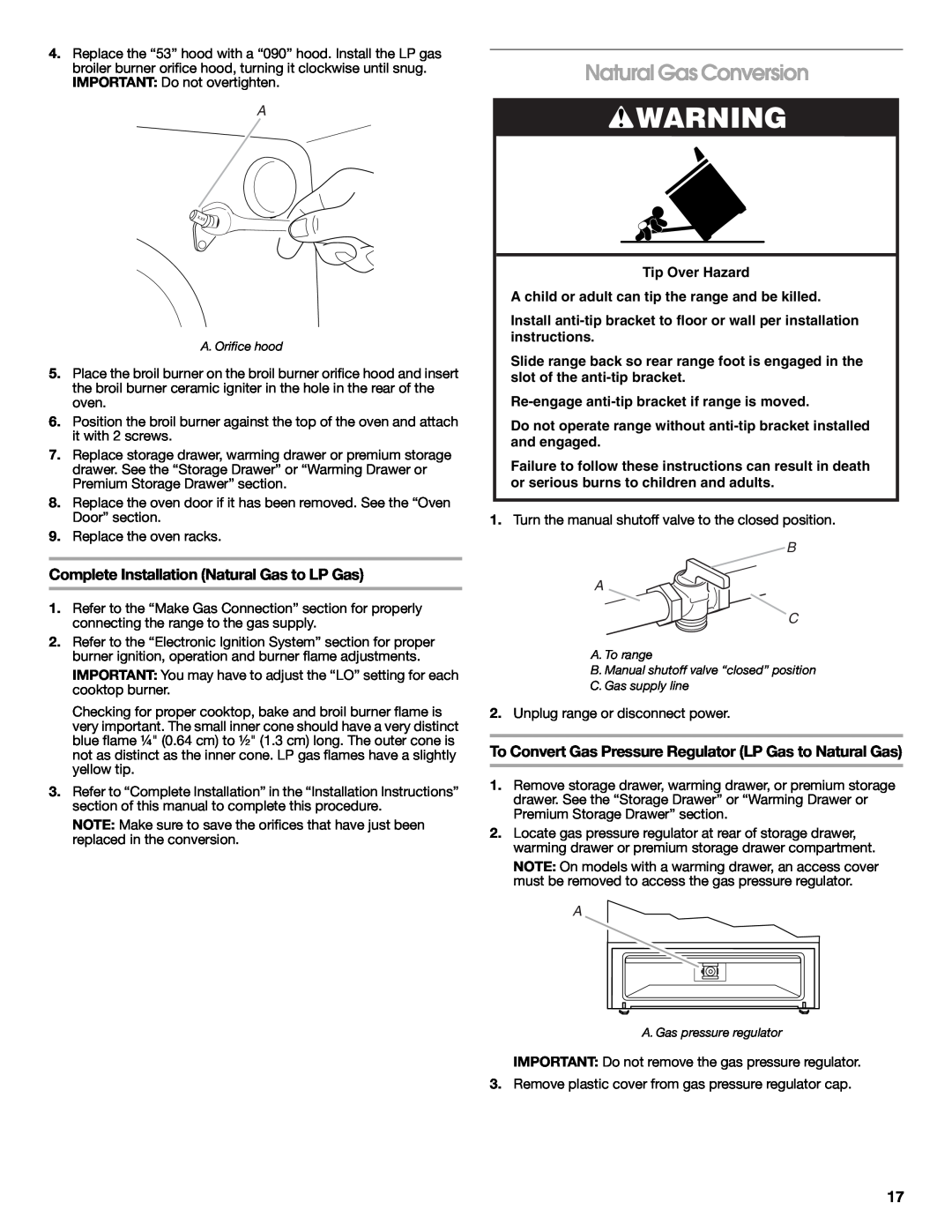 Whirlpool W10526974A installation instructions Natural Gas Conversion, Complete Installation Natural Gas to LP Gas, B A C 