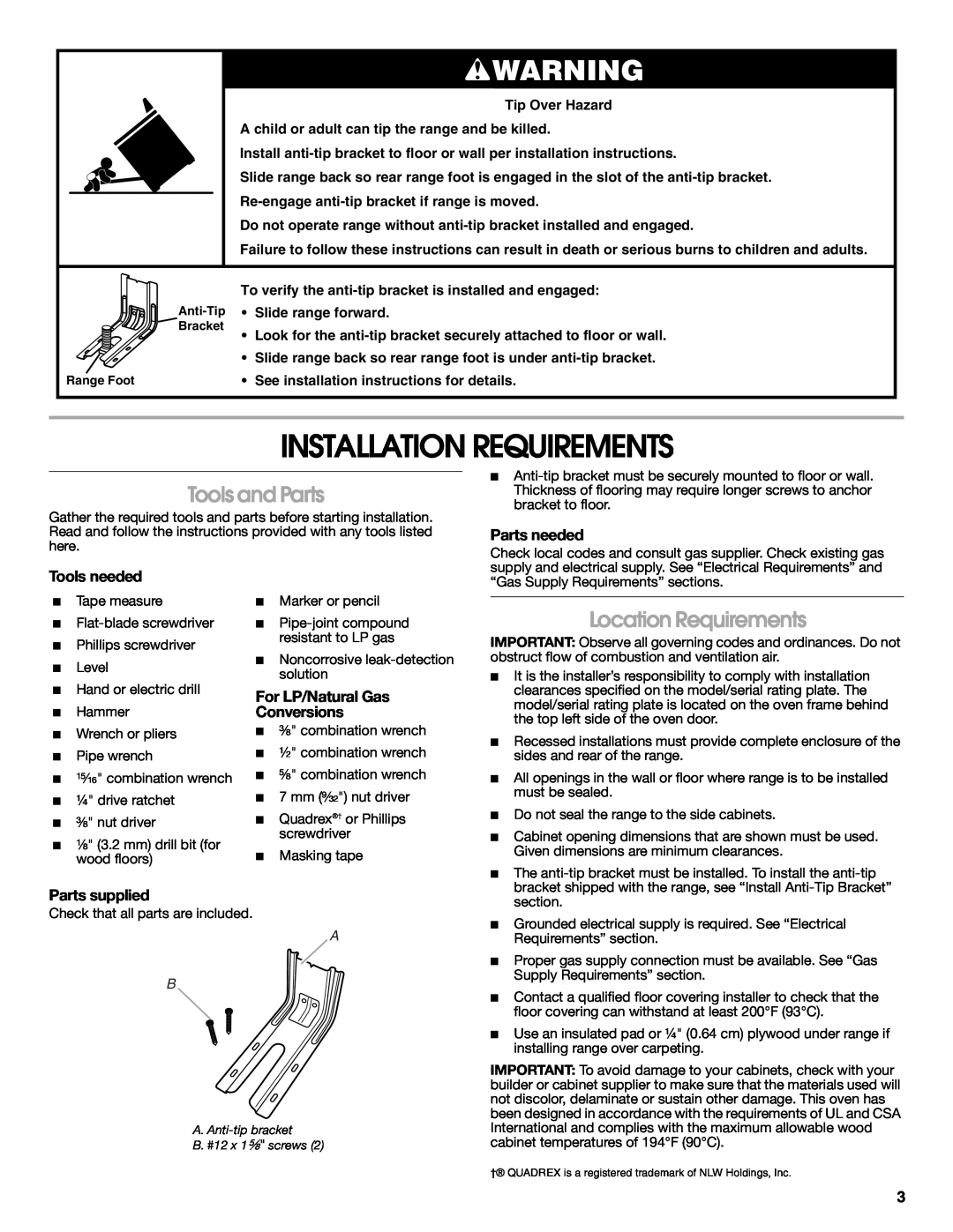 Whirlpool W10526974A Installation Requirements, Tools and Parts, Location Requirements, Parts needed, Tools needed 