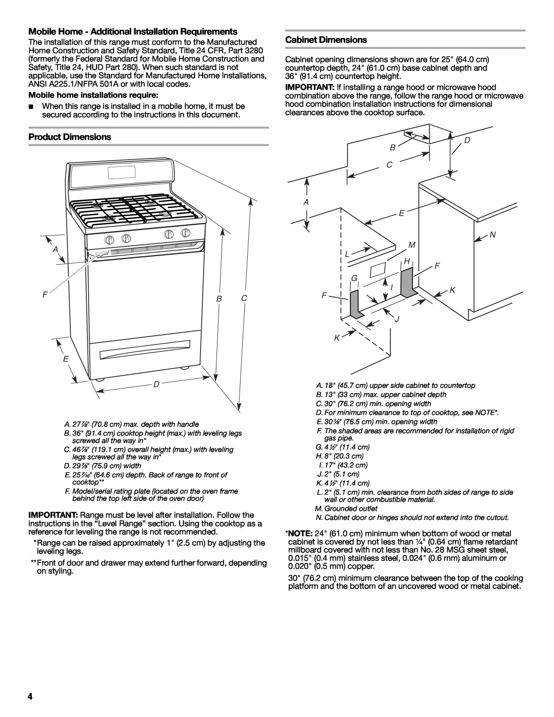 Whirlpool W10526974A Mobile Home - Additional Installation Requirements, Cabinet Dimensions, Product Dimensions, A L G F K 