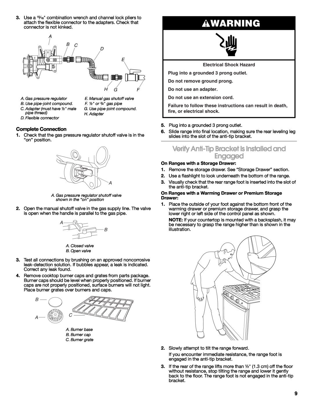 Whirlpool W10526974A Verify Anti-Tip Bracket Is Installed and Engaged, Complete Connection, A B C, D E H G F, B A C 