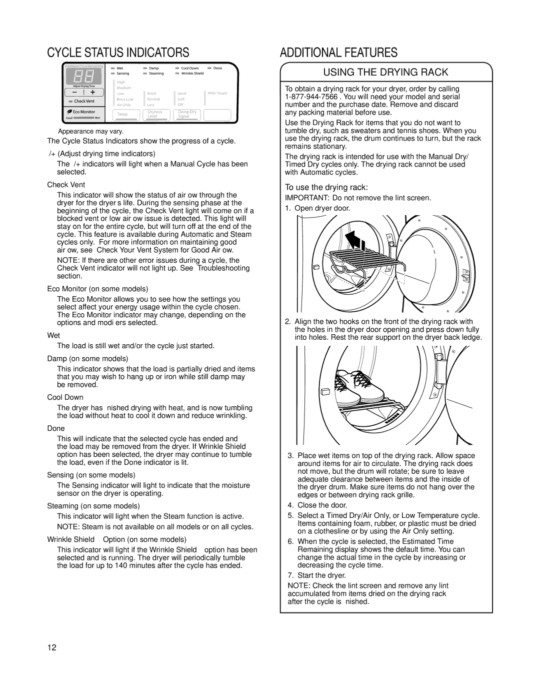 Whirlpool W10529643A - SP Cycle Status Indicators, Additional Features, Using the Drying Rack, To use the drying rack 