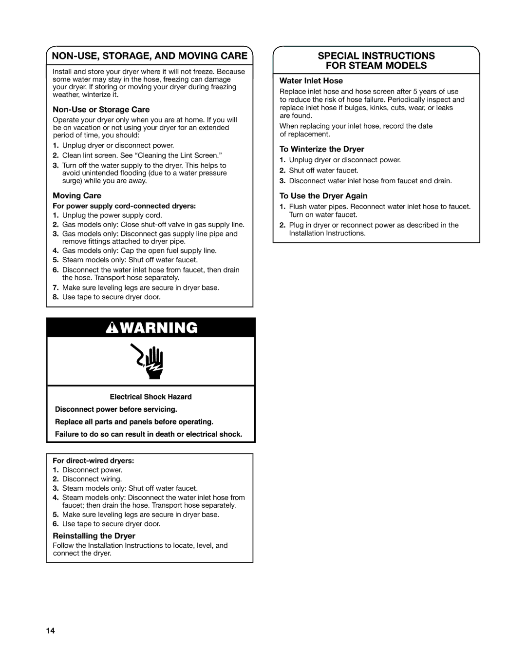 Whirlpool W10529643A - SP, W10529641A manual NON-USE, STORAGE, and Moving Care, Special Instructions For Steam Models 