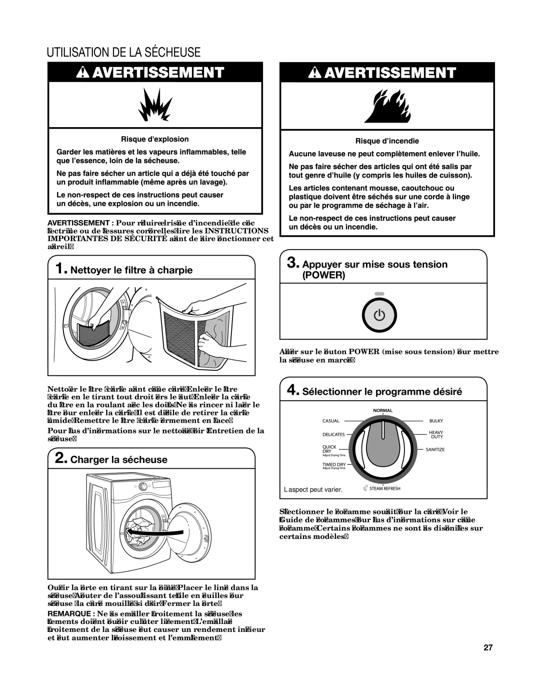 Whirlpool W10529641A, W10529643A - SP manual Utilisation DE LA Sécheuse, Nettoyer le filtre à charpie, Charger la sécheuse 