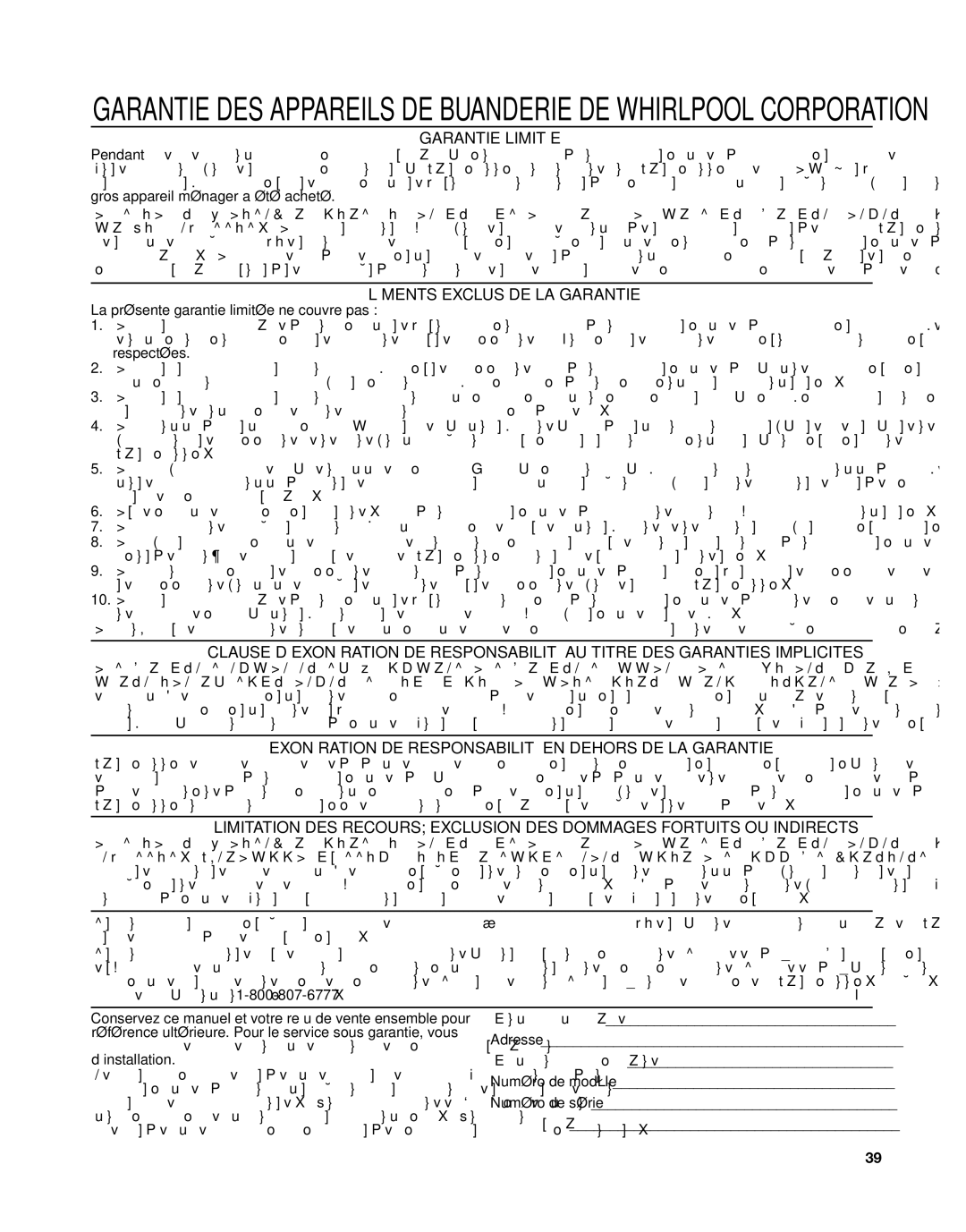 Whirlpool W10529641A, W10529643A - SP manual Garantie DES Appareils DE Buanderie DE Whirlpool Corporation 