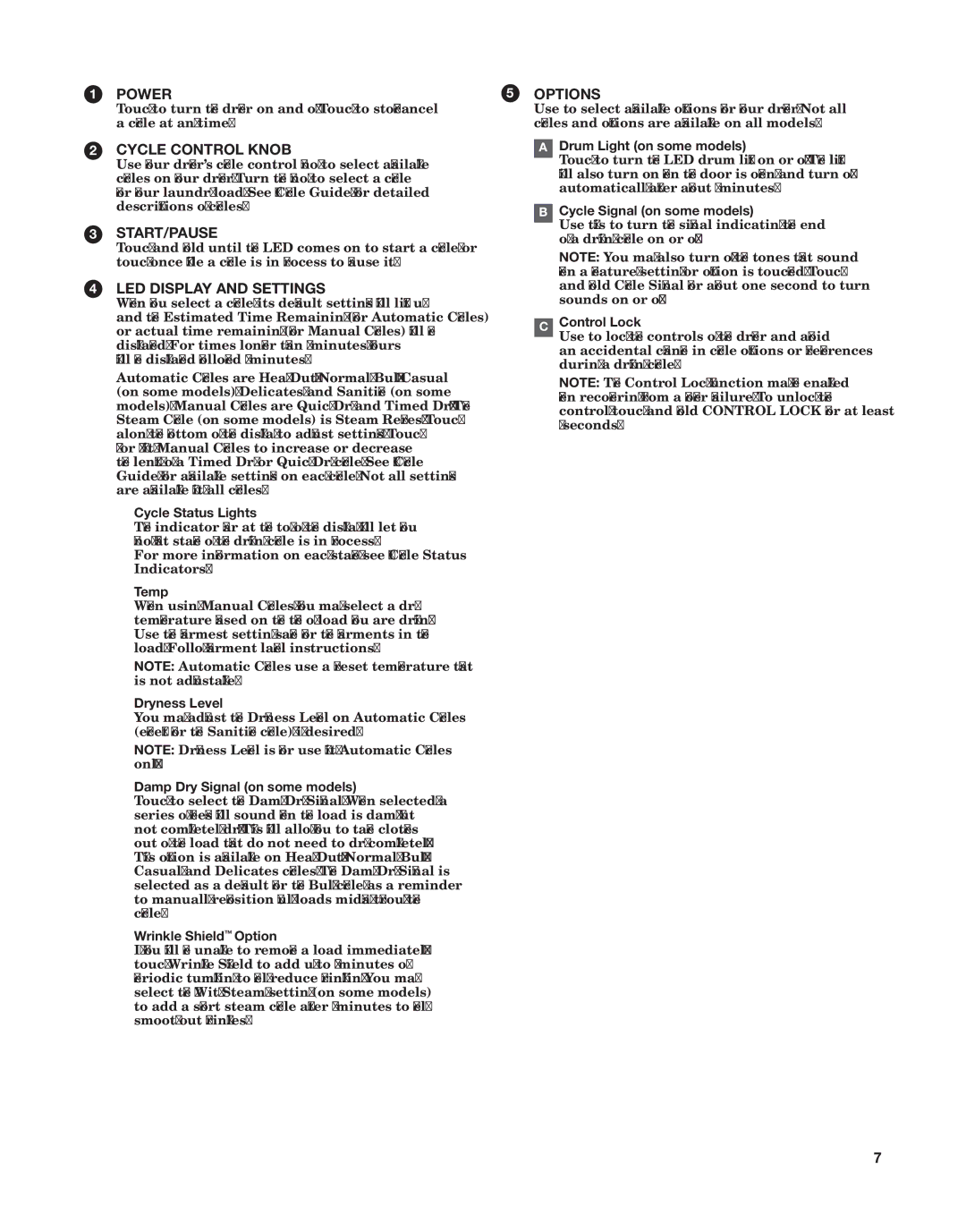 Whirlpool W10529641A manual Cycle Status Lights, Temp, Dryness Level, Damp Dry Signal on some models, Wrinkle Shield Option 