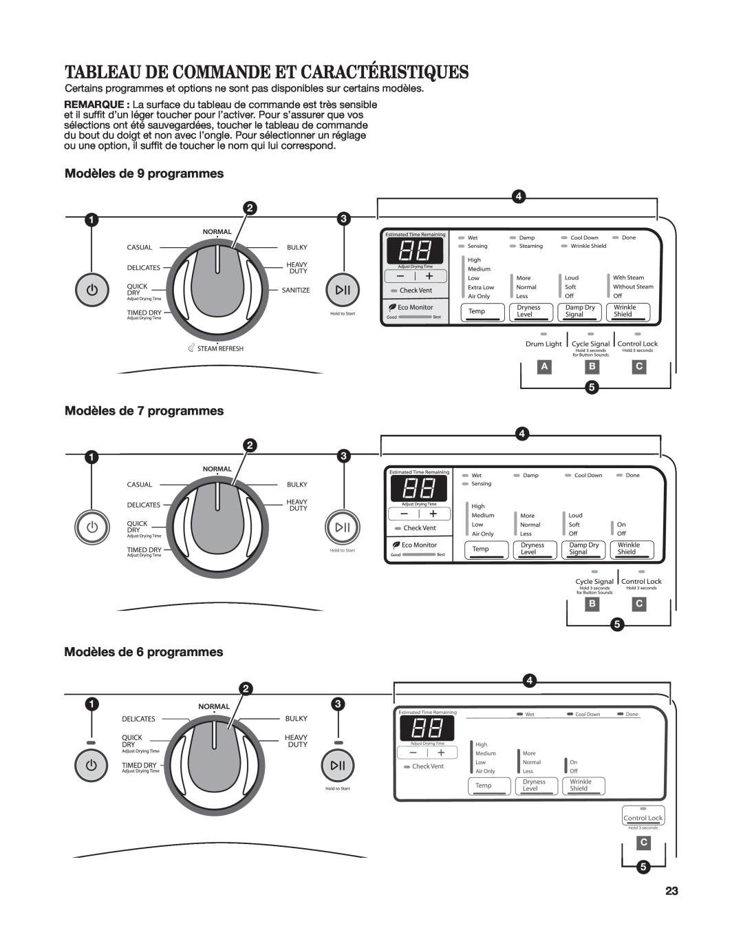 Whirlpool W10529641A manual Tableau De Commande Et Caractéristiques, Modèles de 9 programmes, Modèles de 7 programmes 