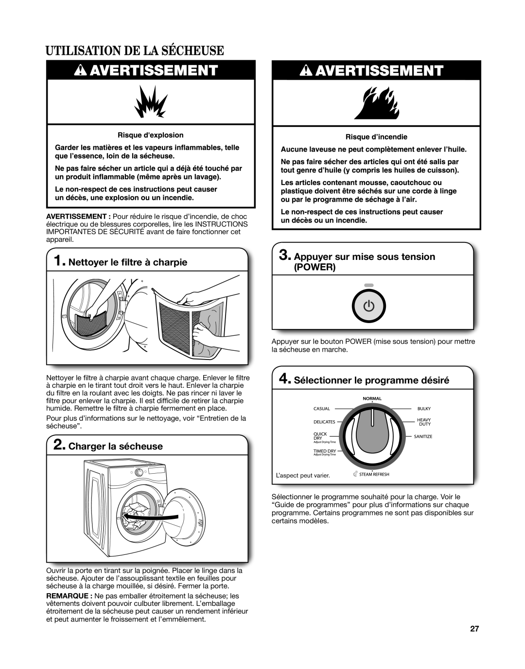 Whirlpool W10529641A, W10529643A - SP manual Utilisation De La Sécheuse, Nettoyer le filtre à charpie, Charger la sécheuse 
