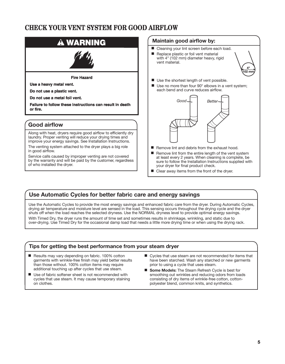 Whirlpool W10529641A manual Check Your Vent System For Good Airflow, Good airflow, Maintain good airflow by, GoodBetter 