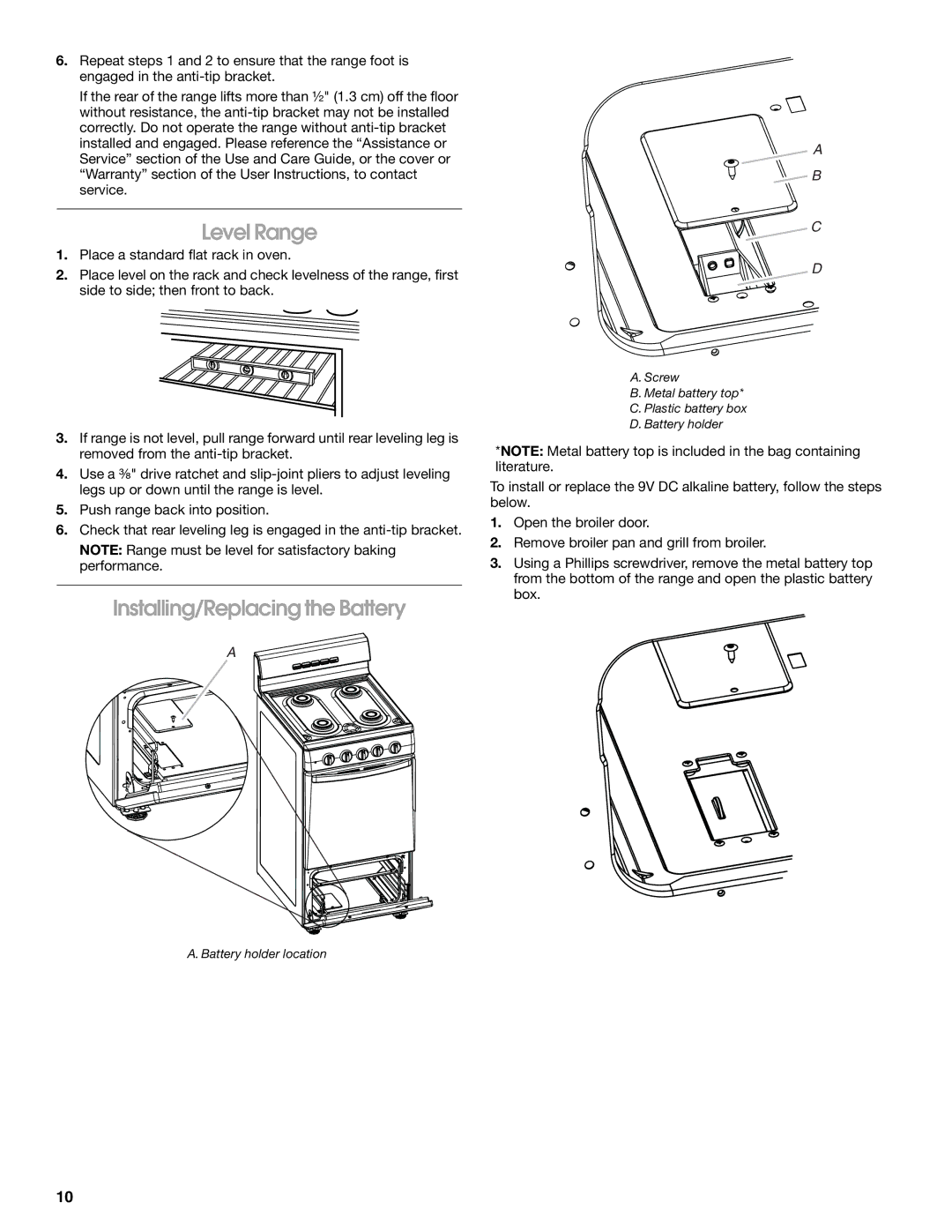 Whirlpool W10531342A installation instructions Level Range, Installing/Replacing the Battery 