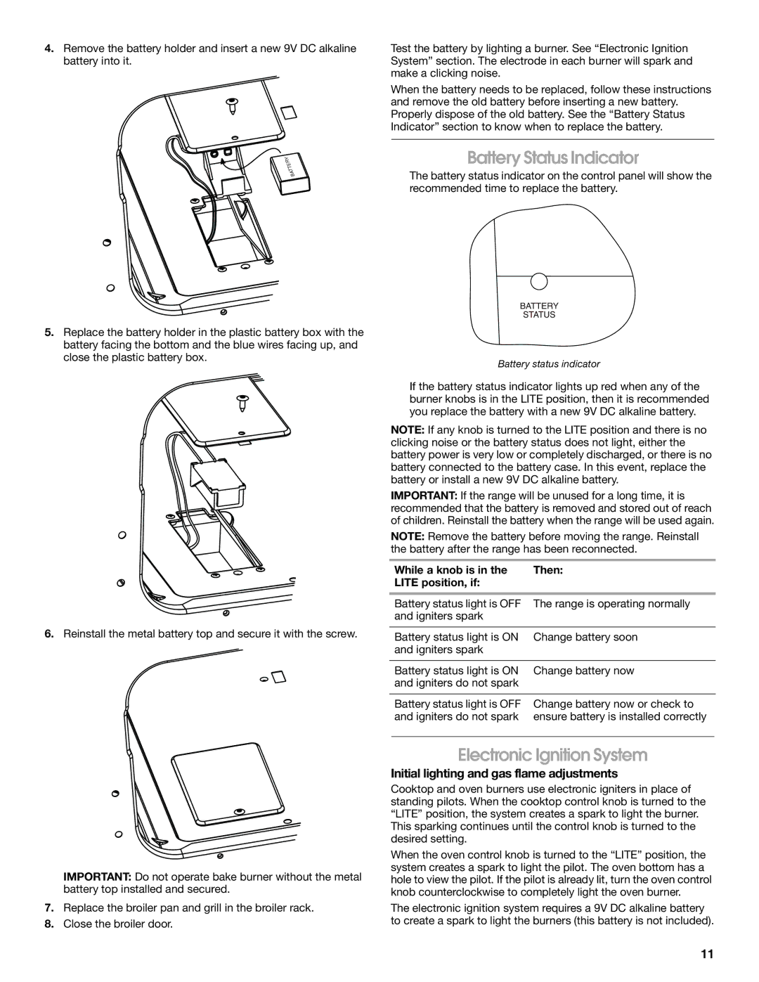 Whirlpool W10531342A Battery Status Indicator, Electronic Ignition System, Initial lighting and gas flame adjustments 