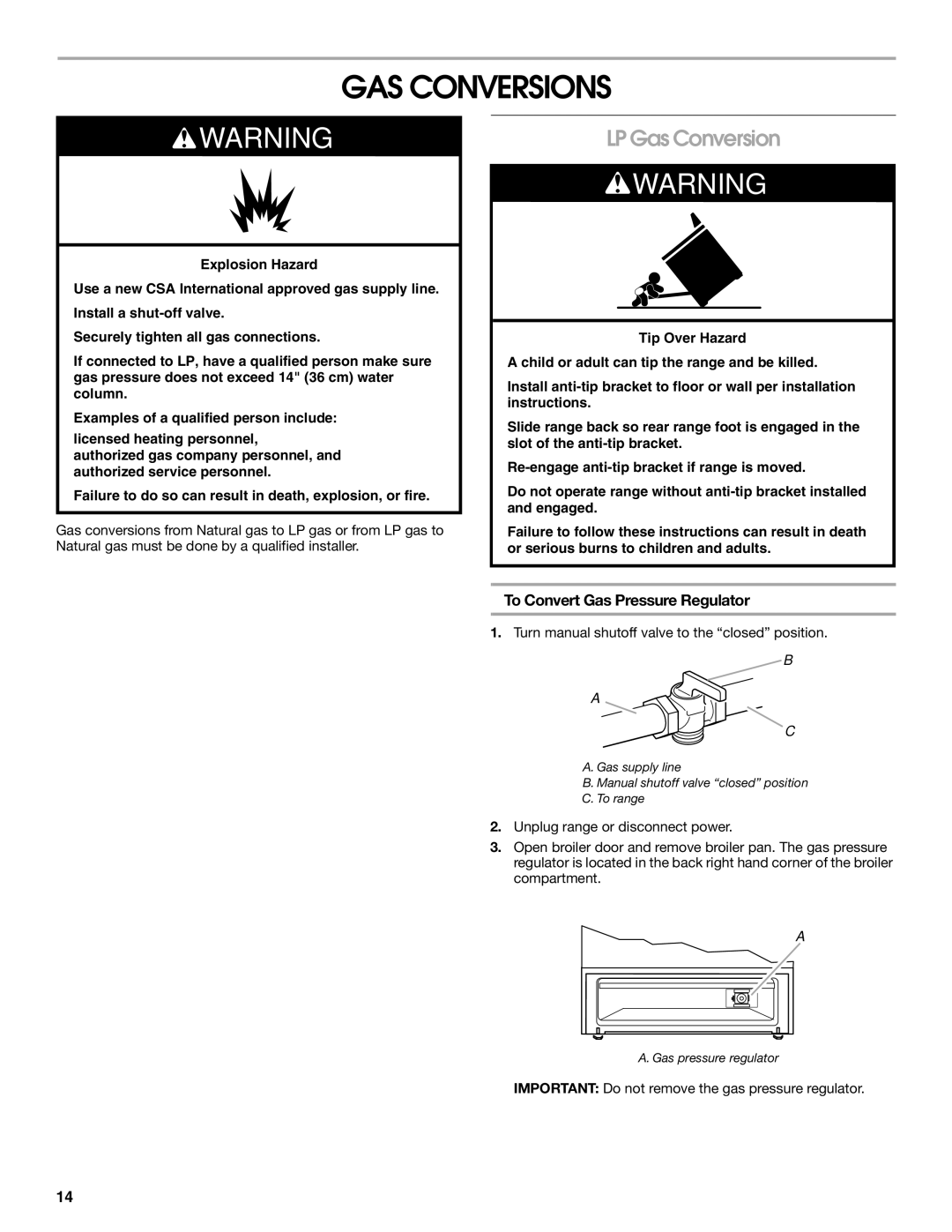 Whirlpool W10531342A installation instructions GAS Conversions, LP Gas Conversion, To Convert Gas Pressure Regulator 