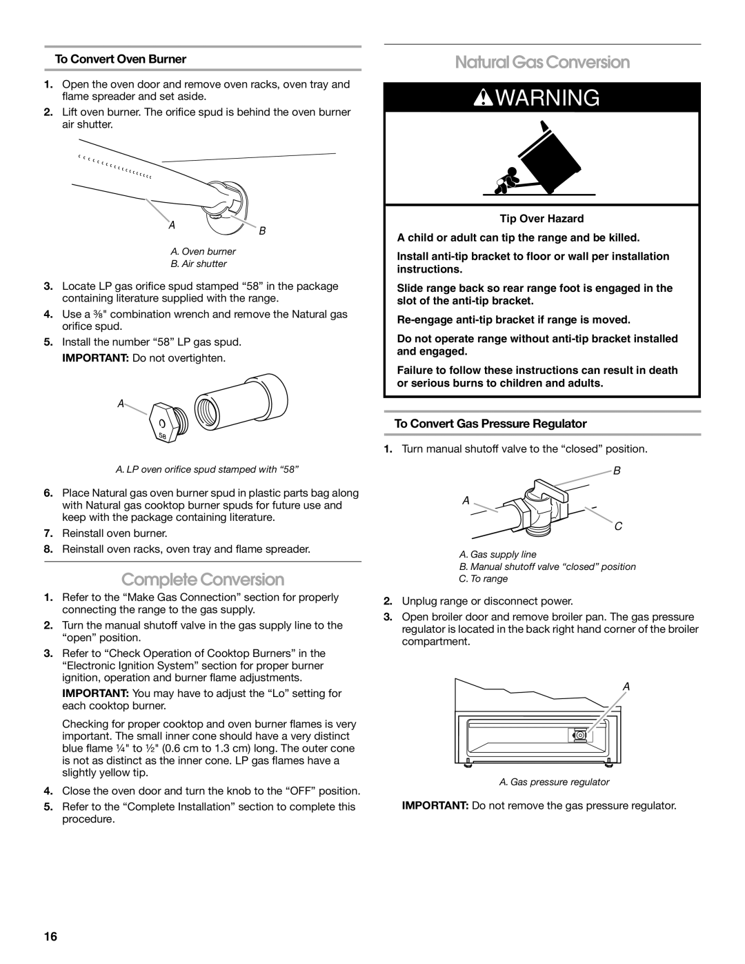 Whirlpool W10531342A installation instructions Complete Conversion, Natural Gas Conversion, To Convert Oven Burner 