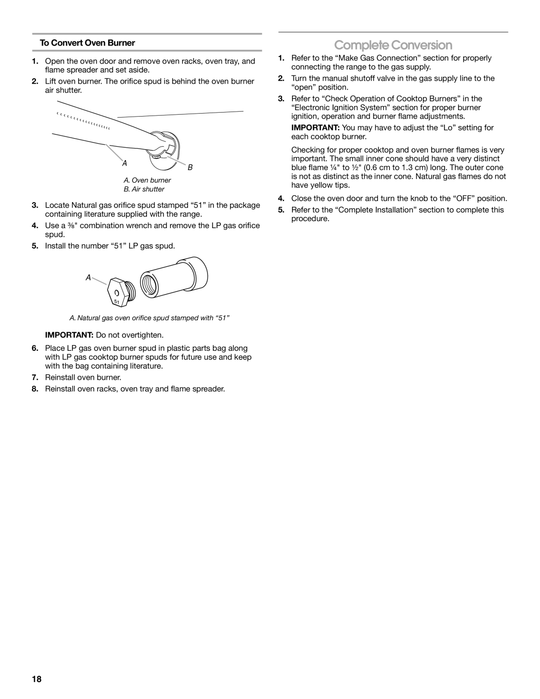 Whirlpool W10531342A installation instructions Natural gas oven orifice spud stamped with 