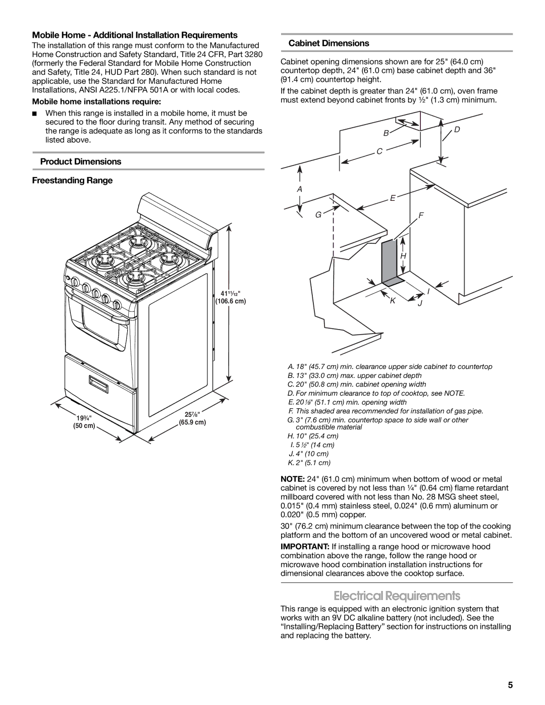 Whirlpool W10531342A Electrical Requirements, Mobile Home Additional Installation Requirements, Cabinet Dimensions 