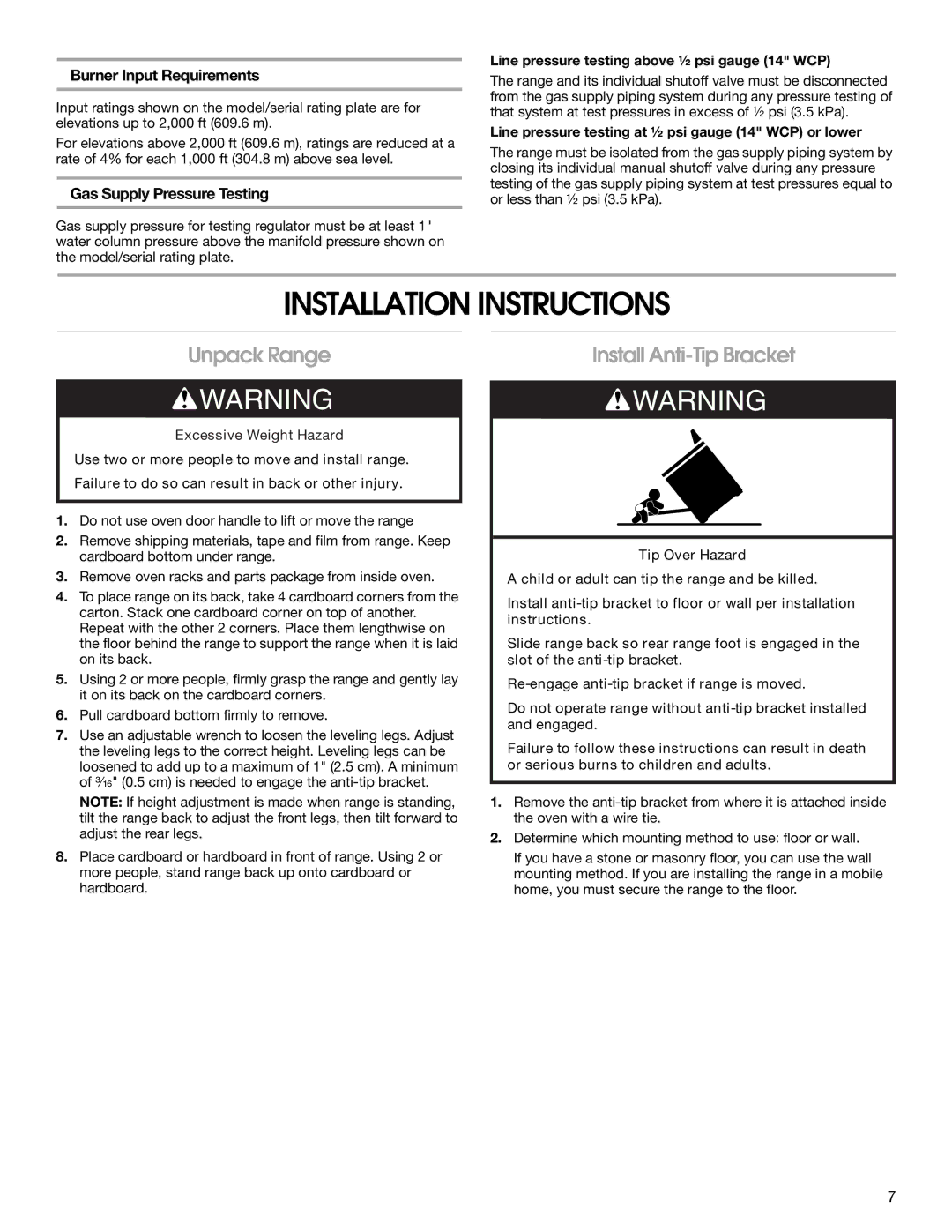 Whirlpool W10531342A Installation Instructions, Unpack Range, Install Anti-Tip Bracket, Burner Input Requirements 