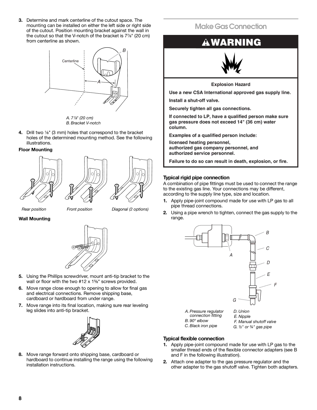 Whirlpool W10531342A Make Gas Connection, Typical rigid pipe connection, Typical flexible connection, Floor Mounting 