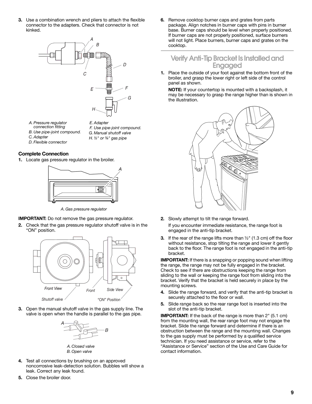 Whirlpool W10531342A installation instructions Verify Anti-Tip Bracket Is Installed Engaged, Complete Connection 