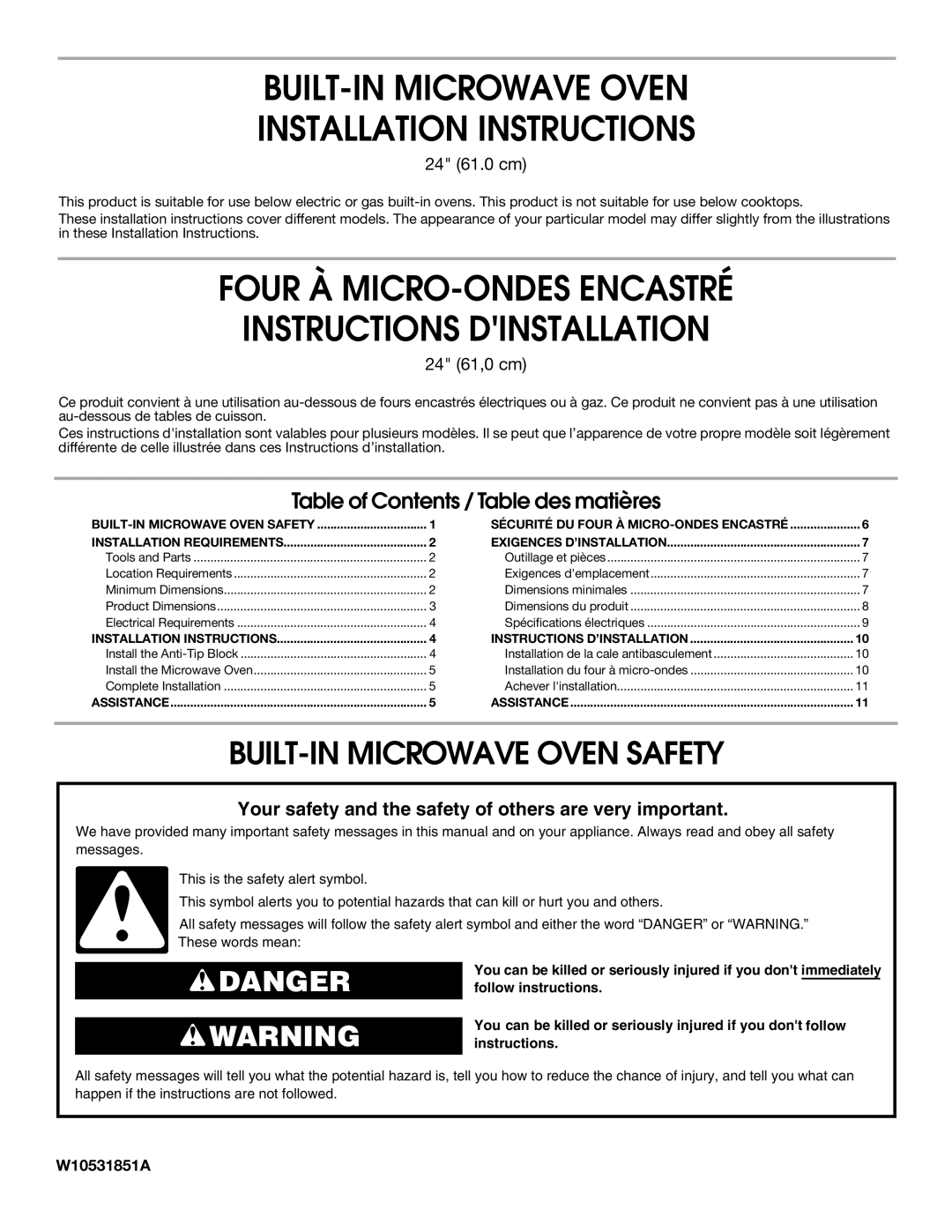 Whirlpool W10531851A installation instructions BUILT-IN Microwave Oven Installation Instructions 