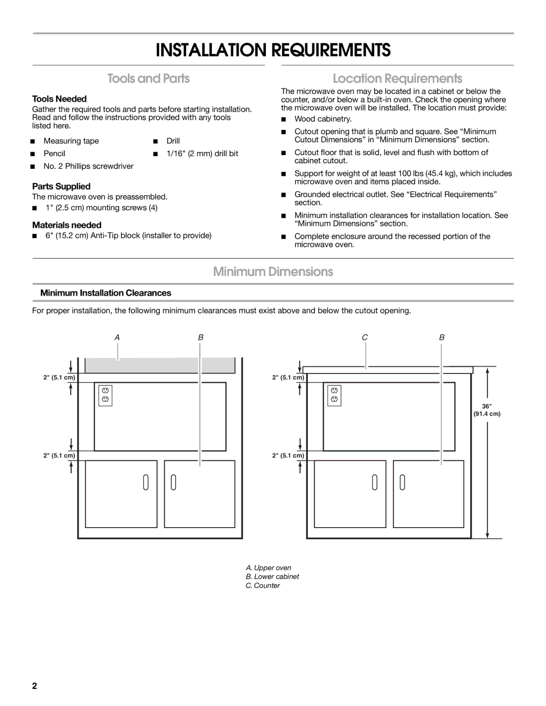 Whirlpool W10531851A Installation Requirements, Tools and Parts, Location Requirements, Minimum Dimensions 