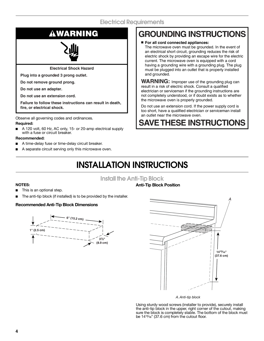 Whirlpool W10531851A installation instructions Electrical Requirements, Recommended Anti-Tip Block Dimensions 