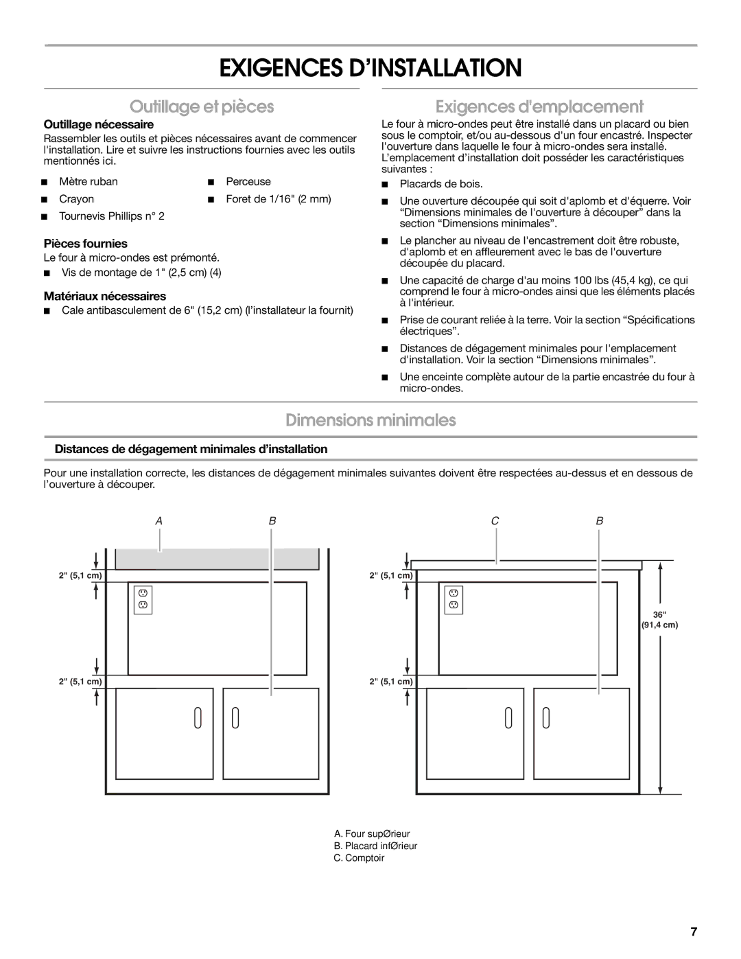 Whirlpool W10531851A Exigences D’INSTALLATION, Outillage et pièces, Exigences demplacement, Dimensions minimales 