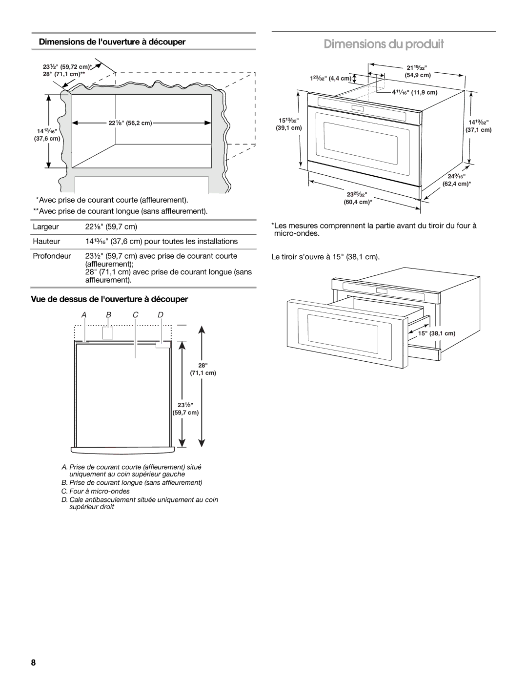 Whirlpool W10531851A Dimensions du produit, Dimensions de louverture à découper, Vue de dessus de louverture à découper 