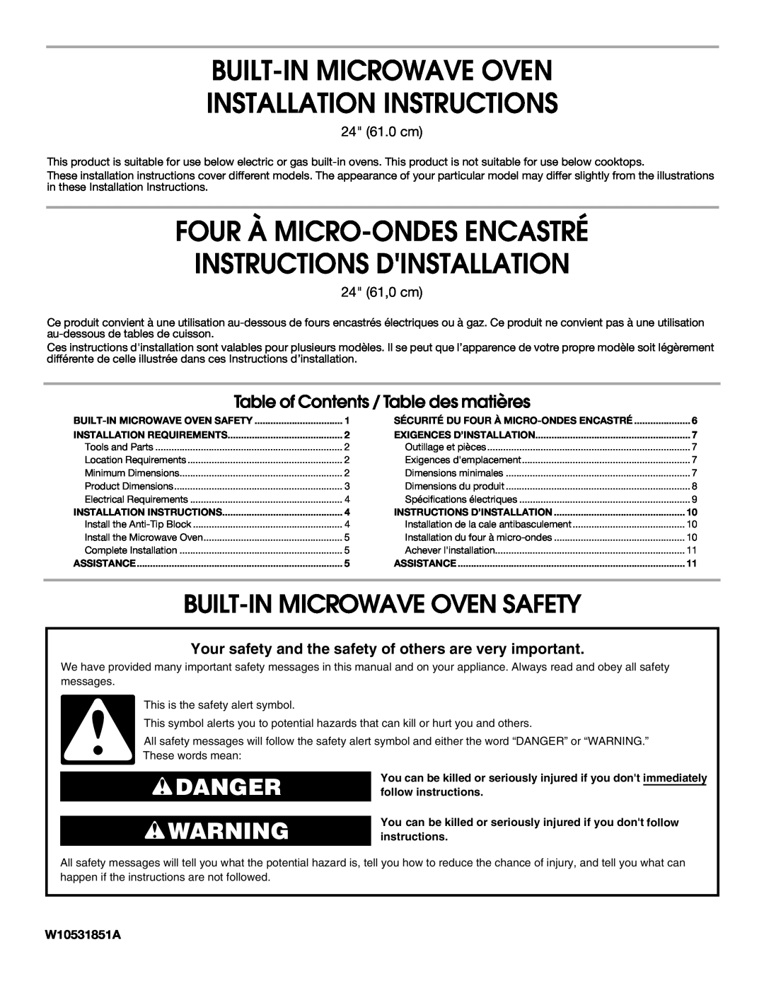 Whirlpool W10531851A installation instructions Built-Inmicrowave Oven Safety, Danger, Four À Micro-Ondesencastré 