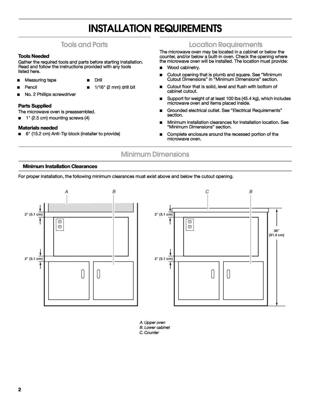 Whirlpool W10531851A Installation Requirements, Tools and Parts, Location Requirements, Minimum Dimensions, Tools Needed 