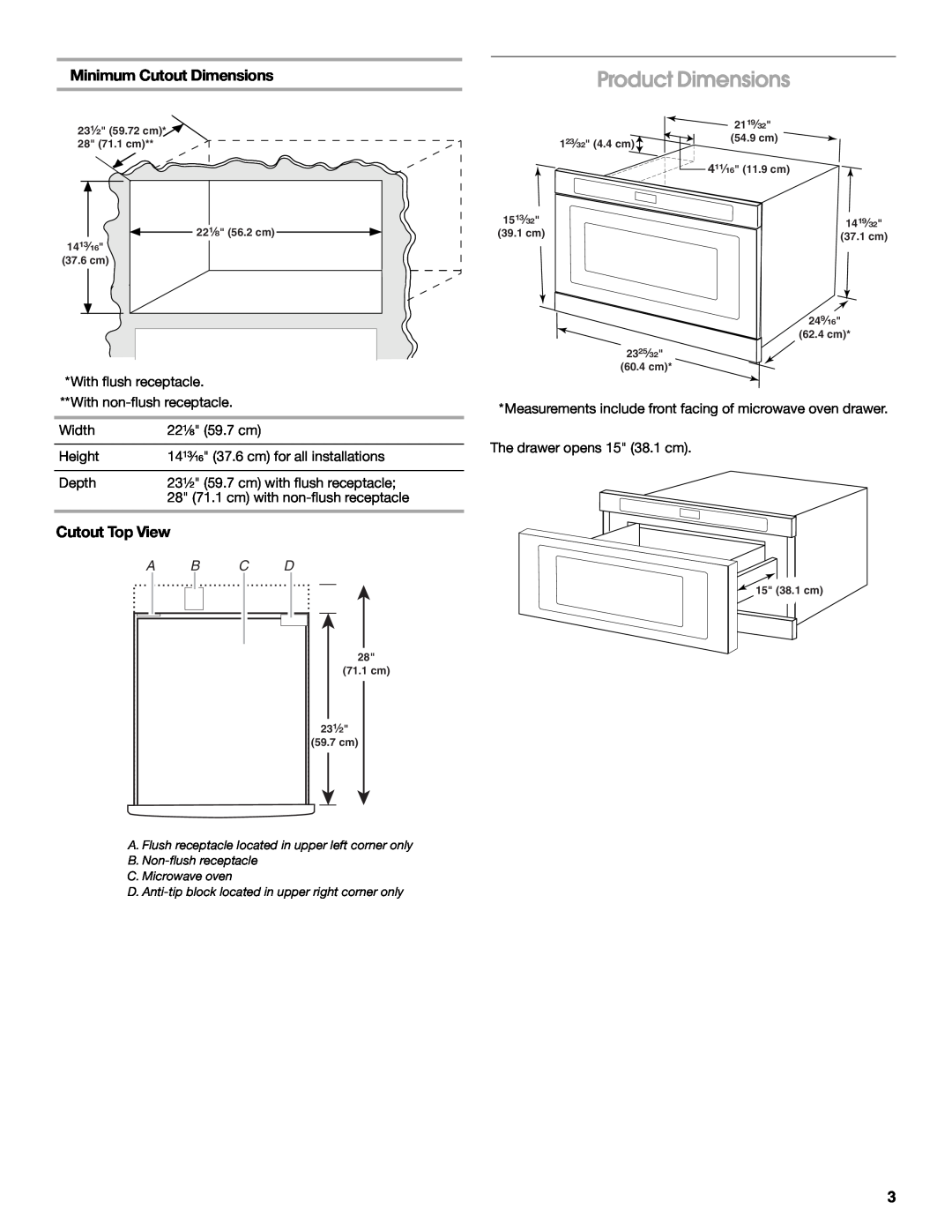 Whirlpool W10531851A installation instructions Product Dimensions, Minimum Cutout Dimensions, Cutout Top View 
