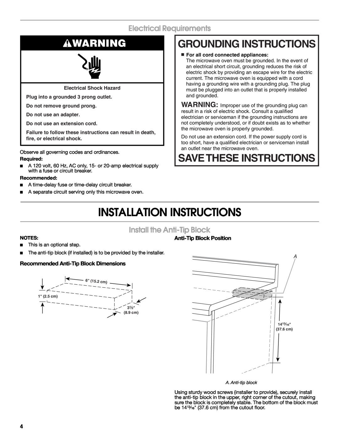 Whirlpool W10531851A Grounding Instructions, Savethese Instructions, Electrical Requirements, Required, Recommended, Notes 