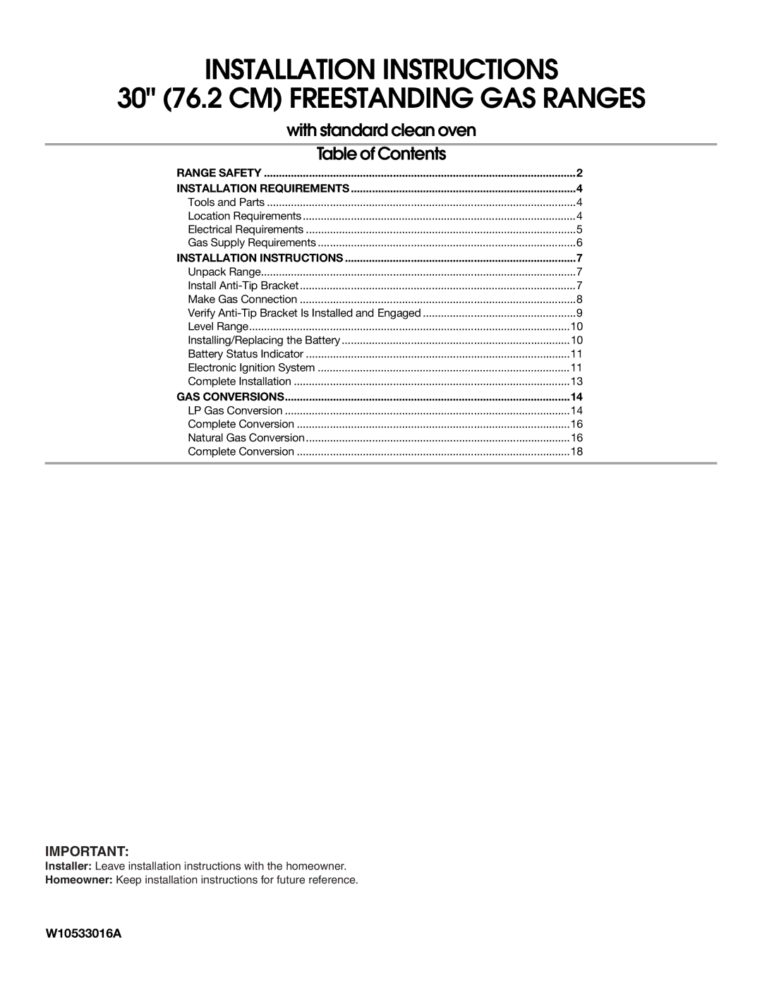 Whirlpool W10533016A installation instructions Installation Instructions 30 76.2 CM Freestanding GAS Ranges 