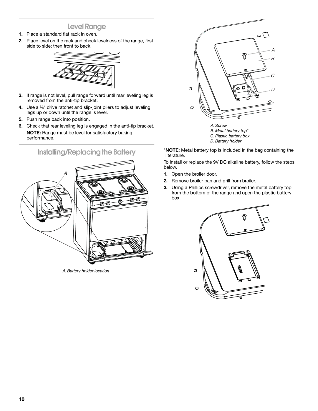 Whirlpool W10533016A installation instructions Level Range, Installing/Replacing the Battery 